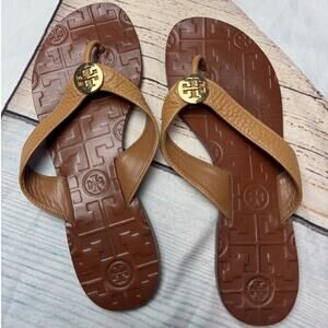 Tory Burch Thora Leather Thong Sandals W/ Gold Medallion